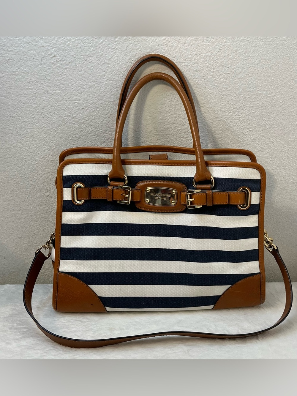 Michael Kors Hamilton Navy Blue Striped Canvas Satchel Bag